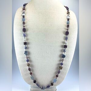 Beautiful Unsigned Gun Metal Gray Tone Purple Glass Beaded Long Necklace